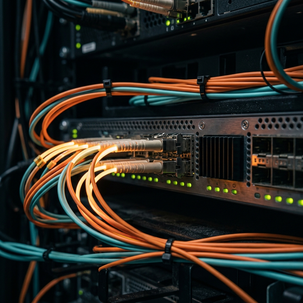 Network cables connected into a switch.