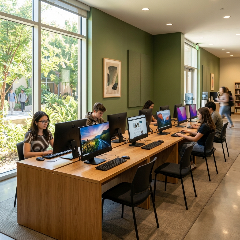 Computer lab with multiple desktop workstations.