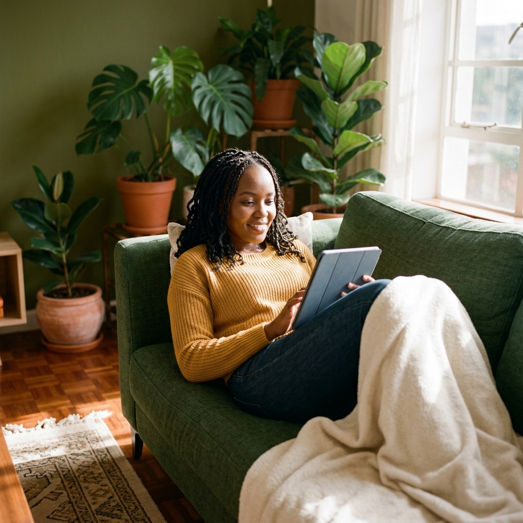 Person holding a phone while streaming content at home.